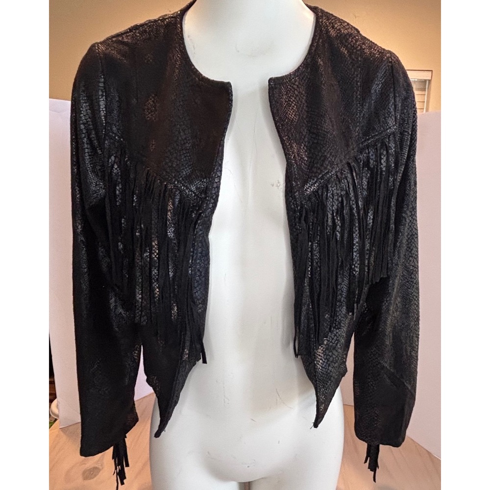 Ethyl Clothing Womens Black Faux Snakeskin Fringe Western Bolero Jacket S Boho